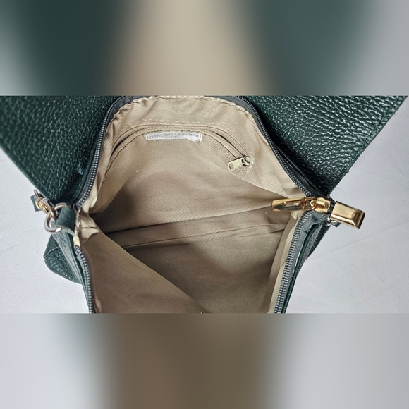Italian Made Genuine Pebbled Leather Crossbody Purse Dark Green Buckle Flap - Picture 4 of 14
